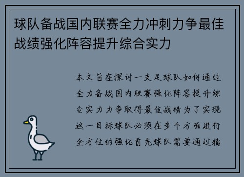 球队备战国内联赛全力冲刺力争最佳战绩强化阵容提升综合实力