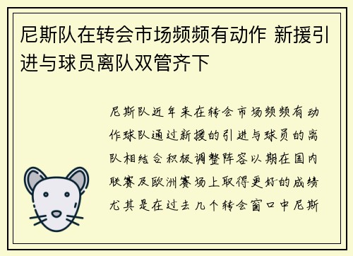 尼斯队在转会市场频频有动作 新援引进与球员离队双管齐下