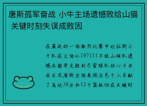 唐斯孤军奋战 小牛主场遗憾败给山猫 关键时刻失误成败因