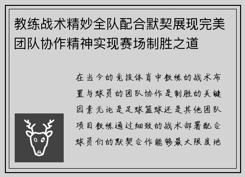教练战术精妙全队配合默契展现完美团队协作精神实现赛场制胜之道