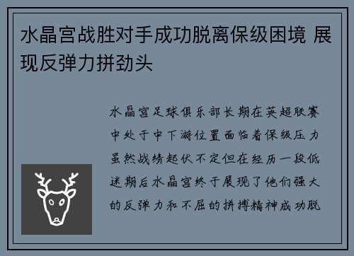 水晶宫战胜对手成功脱离保级困境 展现反弹力拼劲头