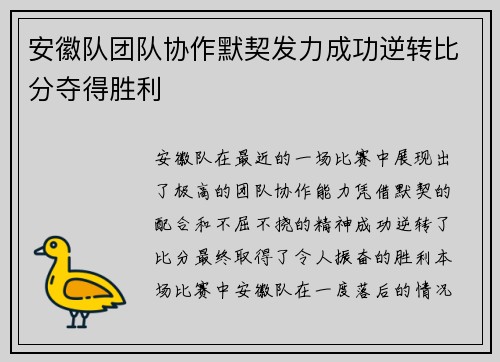安徽队团队协作默契发力成功逆转比分夺得胜利
