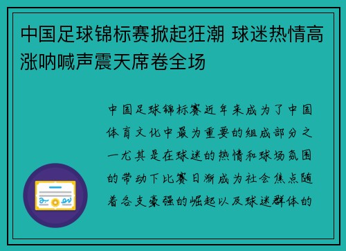 中国足球锦标赛掀起狂潮 球迷热情高涨呐喊声震天席卷全场