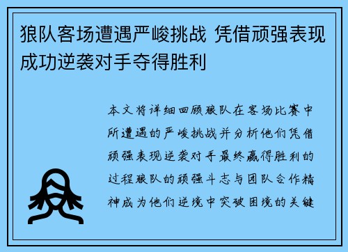 狼队客场遭遇严峻挑战 凭借顽强表现成功逆袭对手夺得胜利