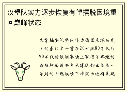 汉堡队实力逐步恢复有望摆脱困境重回巅峰状态