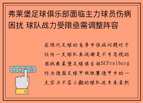 弗莱堡足球俱乐部面临主力球员伤病困扰 球队战力受限亟需调整阵容
