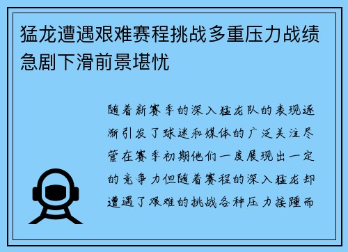 猛龙遭遇艰难赛程挑战多重压力战绩急剧下滑前景堪忧
