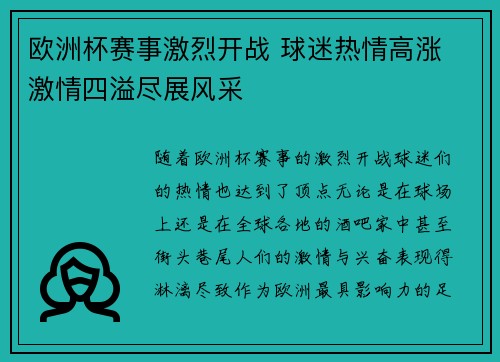 欧洲杯赛事激烈开战 球迷热情高涨 激情四溢尽展风采